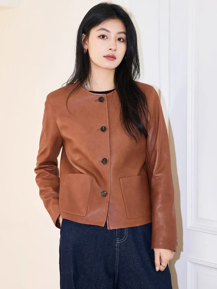 

Simple O-neck Genuine Leather Jackets for Women Spring Autumn High-end Retro Casual Single Breasted Short Real Sheepskin Coat