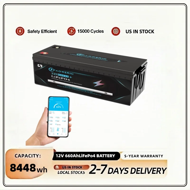 

12V 660AhLiFePO4 Battery with 250A BMS, 7680WH,10000+Cycles, Widely for Camper, RV, Solar System and Most of Out-Door Power