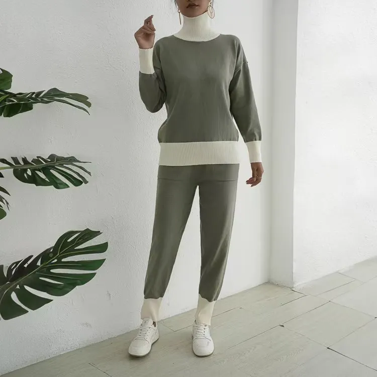 

High Neck Patchwork Sweater And Pecil Pant Women Suit Knit Pullover Top + Slim Trouser Sets Winter Fall Homewear Female Clothes