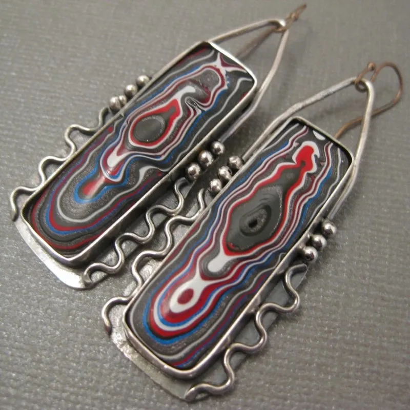 Vintage Silver Color Metal Geometry Ellipse Red Blue Stone Dangle Earrings for Women Jewelry