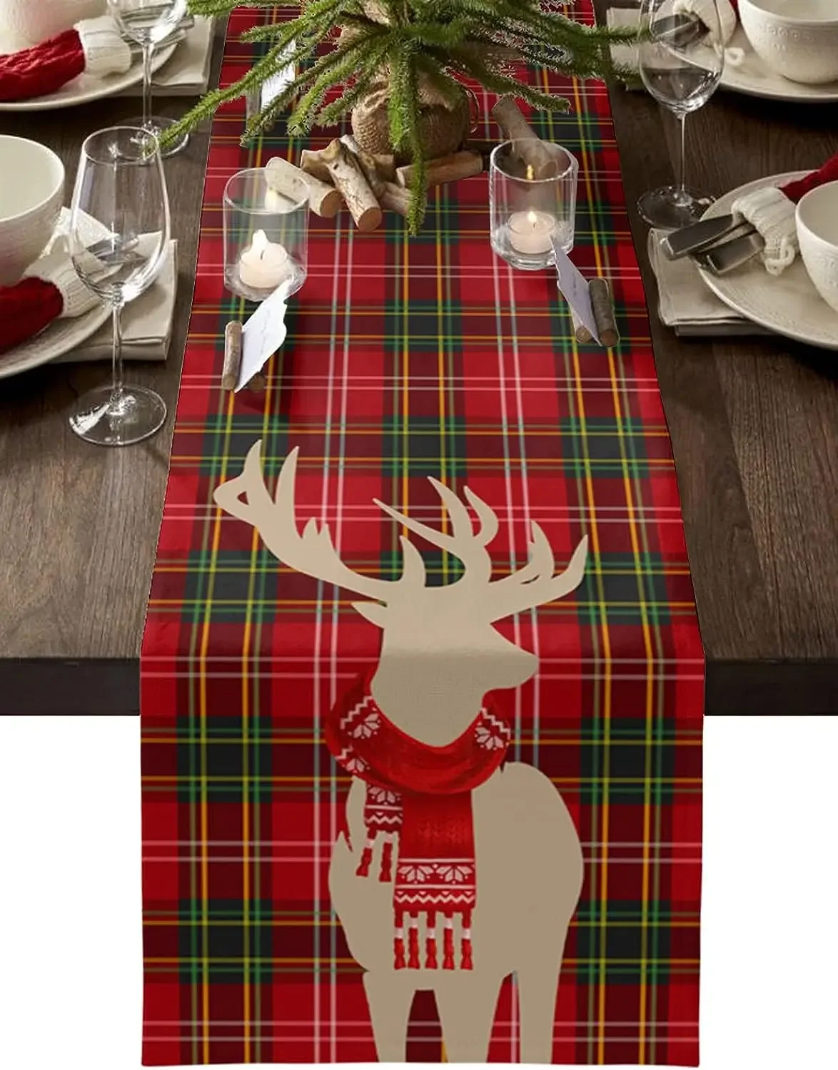 Natal elk vestindo lenço vermelho corredores de mesa de linho cozinha decoração de mesa de jantar reutilizável corredor de mesa de jantar decoração de natal