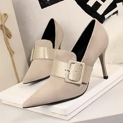 Women 9.5cm High Heels Punk Pumps Escarpins Elegant Lady Wedding Pointed Toe Heels Flock Suede Nightclub Belt Slip On Prom Shoes