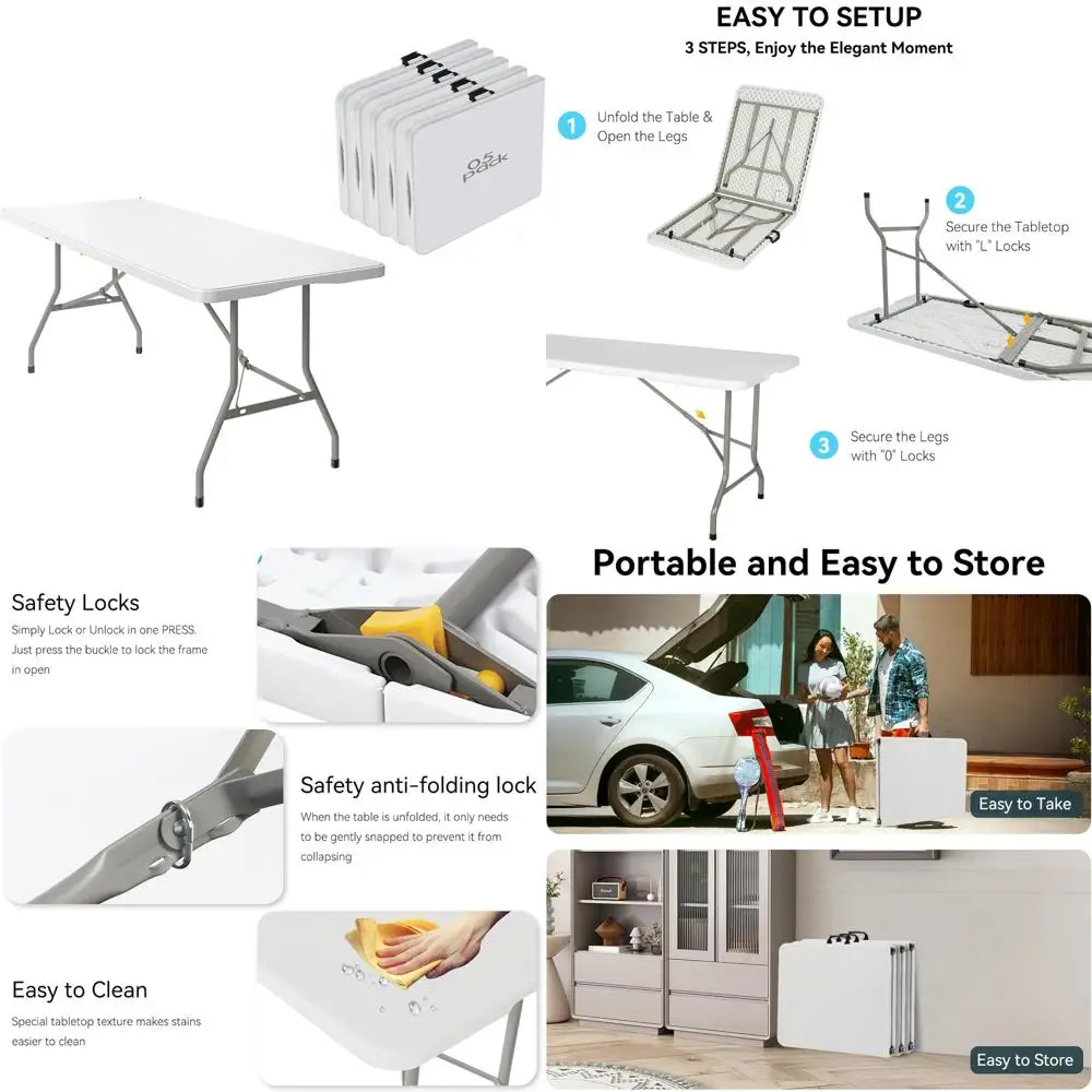 

6-Foot Collapsible Table Set of 5 with Integrated Handles and Steel Legs, Sturdy and Portable for Various Events