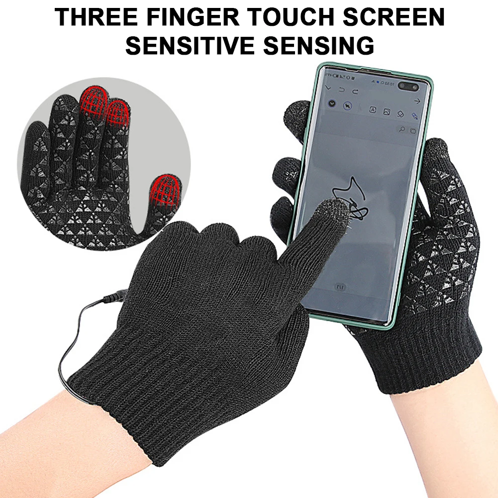 Guantes de punto con calefacción USB, guantes con dedos completos, guantes calefactables antideslizantes con pantalla táctil, guantes gruesos de ciclismo de invierno para hombres y mujeres