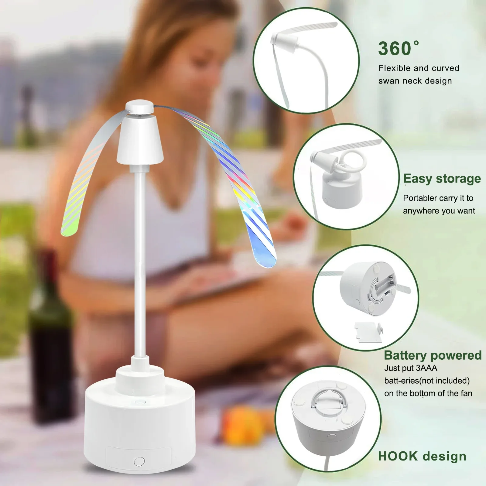 

2pcs/set Table Top Fly Fan Holographic Blades Fly Spinner Portable Outdoor Picnic Fan Bug Fan for Restaurant Party Home BBQ