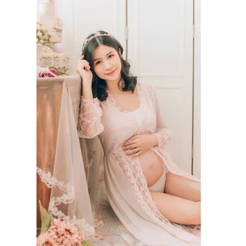 

White Perspective Lace Photography Pregnant Women's Dress Sexy Cardigan Dress Lightweight Breathable V-Neck Long Nightgown Skirt