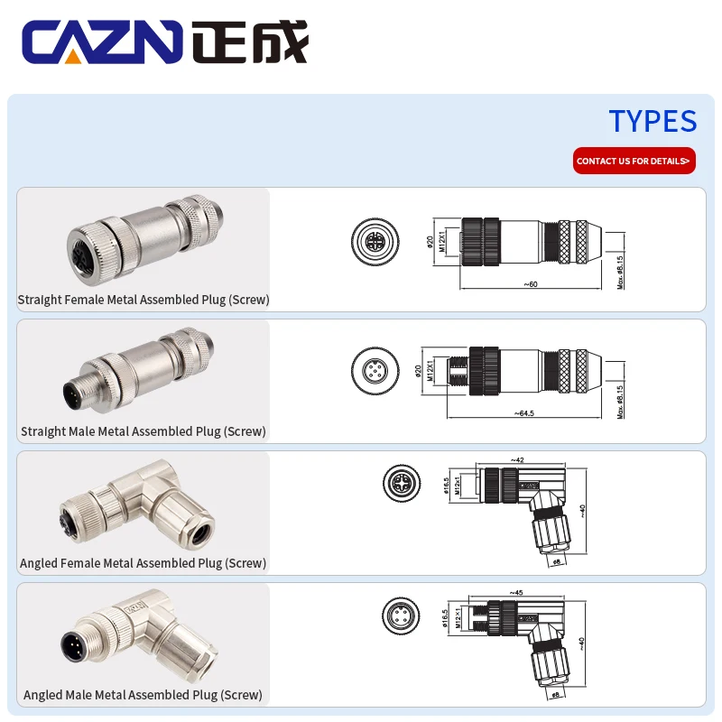Proste kątowe 8-pinowe męskie złącze żeńskie Kod A M12 Metalowa wtyczka montażowa