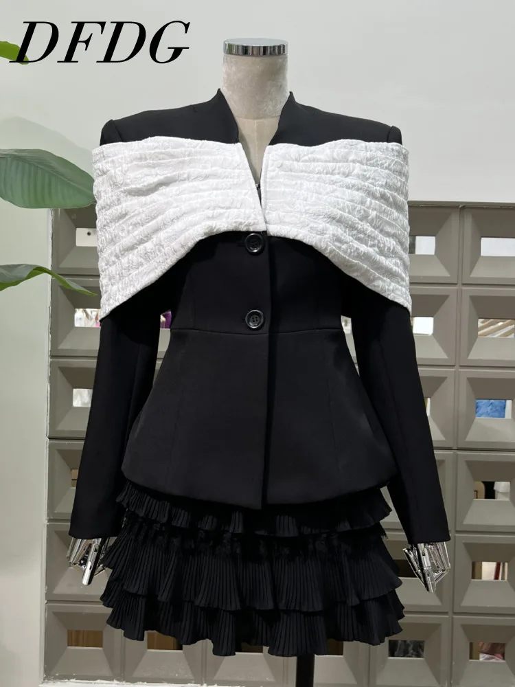 

DFDG женский дизайнерский блейзер с открытыми плечами 2025, плиссированная многоуровневая юбка, комплект из двух предметов, весенне-летние костюмы, комплект для пляжной вечеринки и отдыха