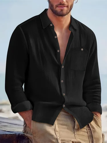 Nueva camisa casual de lino con bolsillos de color sólido de otoño para hombre