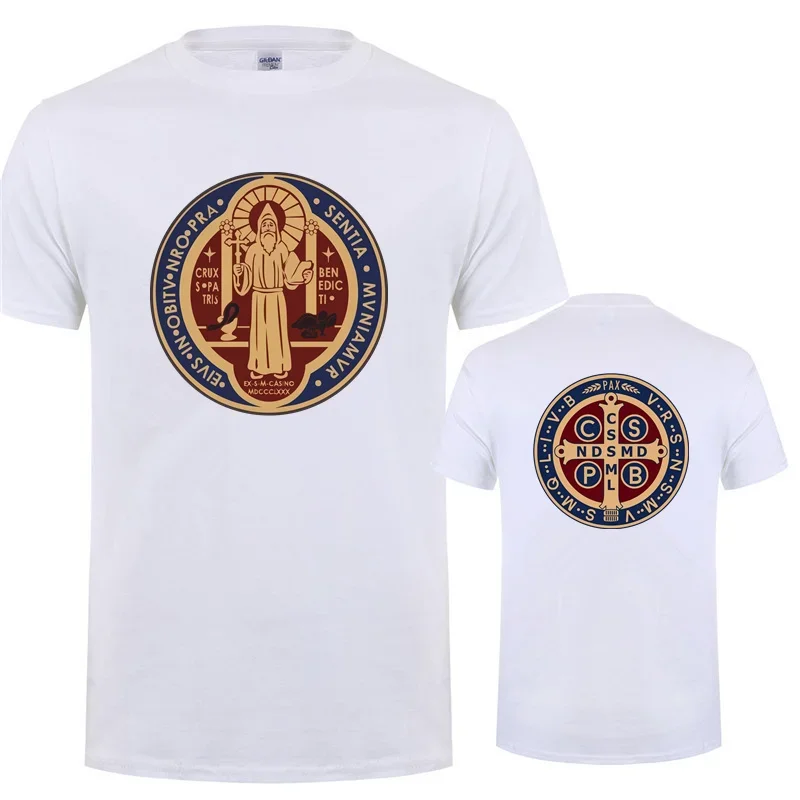 The Saint Benedict Medal Catholic T Shirt polyester breathable top for sports, casual wear, easy to maintain clothes Eur size