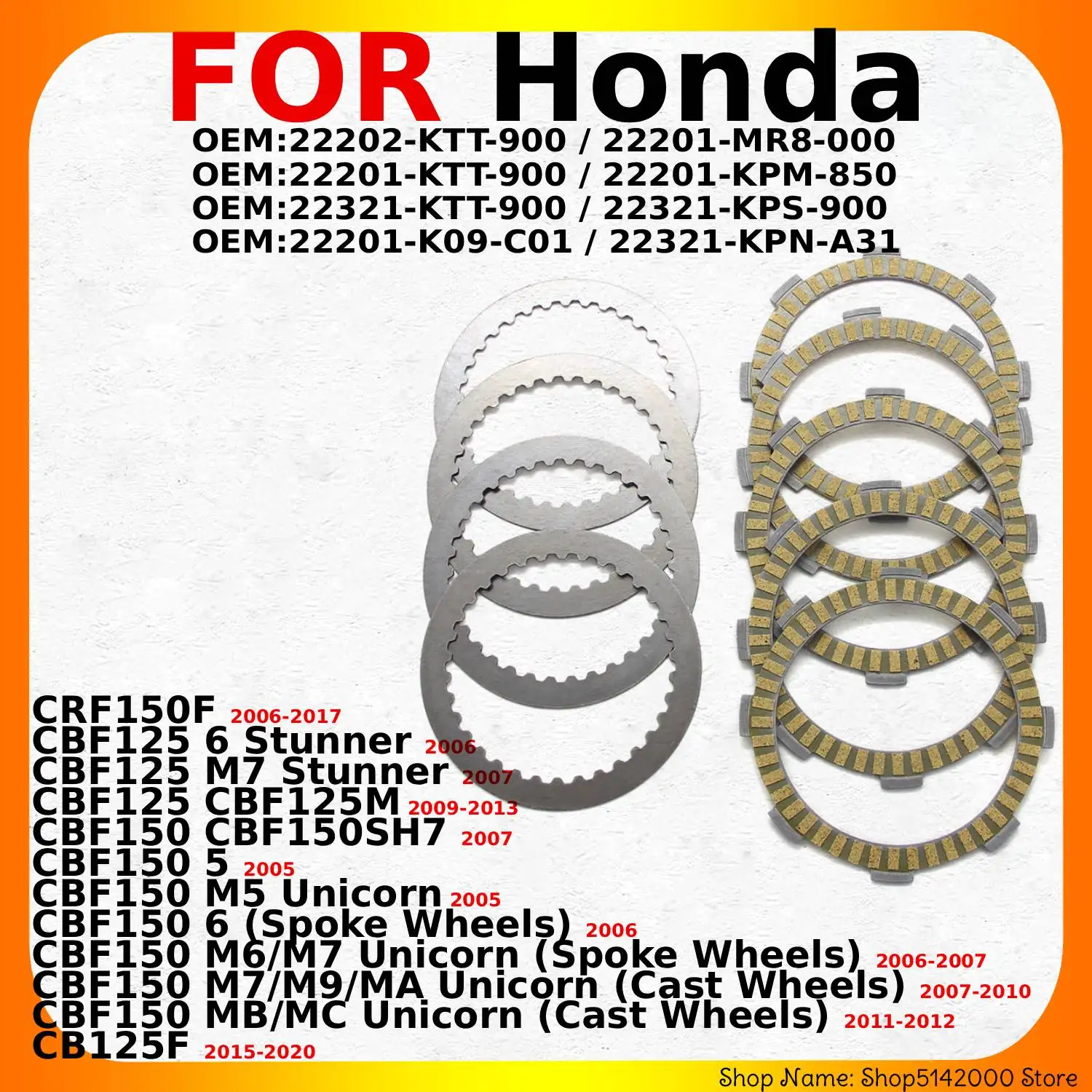 Motorcycle Friction Clutch Discs For Honda CRF150F CBF125 6 Stunner CBF125 CBF125M CBF150 CBF150SH7 CB125F Accessories