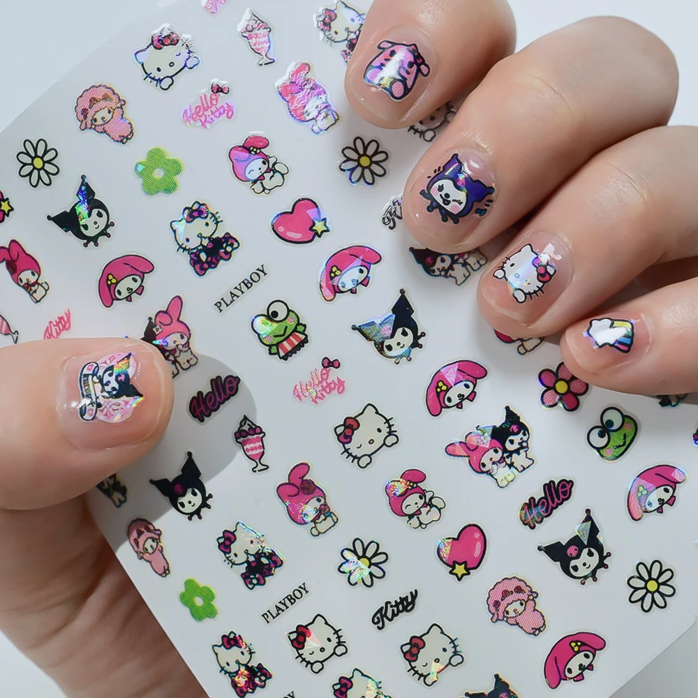 12Pcs Cartoon Laser Hallo Kitty Kuromi Nagel Aufkleber 3D Melody Selbst-klebe Nagel Aufkleber Kawaii Anime Slider Nail art Dekoration