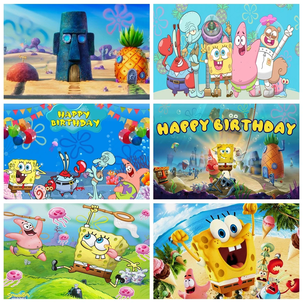 

Spongebob Birthday Decoration Backdrop Patrick Star Sponge Snail Octopus Crab Squirrel Balloon Party Cartoon Children Background