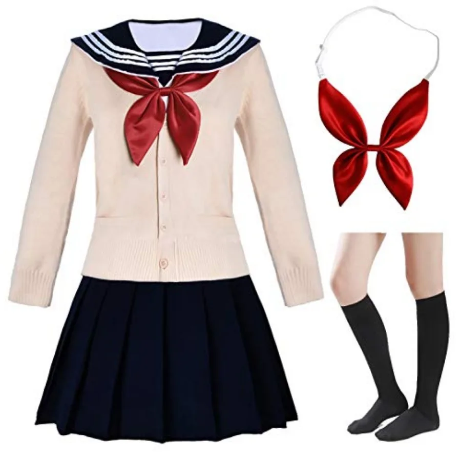 

Japanese School Girls Short Sleeve Uniform Sailor Navy Blue Pleated Skirt Anime Cosplay Costumes with Socks Set