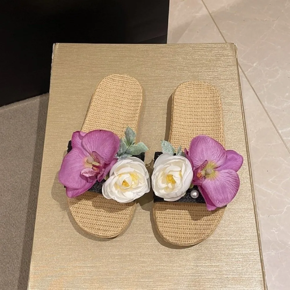 

Casual Soft Flower Linen Slippers Flat Non-Slip Moth Orchid Sandals Pearl Shoes Butterfly Orchid Slippers Girls