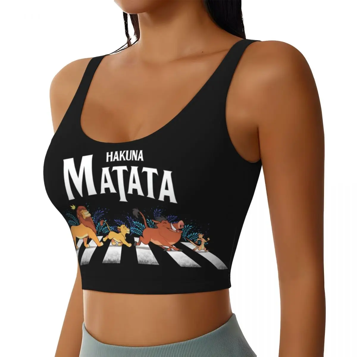 Custom Women\'s Hakuna Matata Cartoon Fan Sports Bras Funny Animal Film The Lion King High Impact Gym Workout Crop Tank Tops