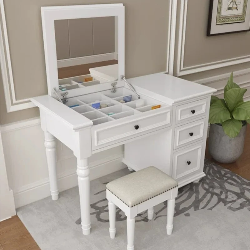 

Minimalist Beige Mirror Vanity Table Large Drawer Nordic White Vanity Makeup Desk Modern Unique Kommode Furniture For Bedroom