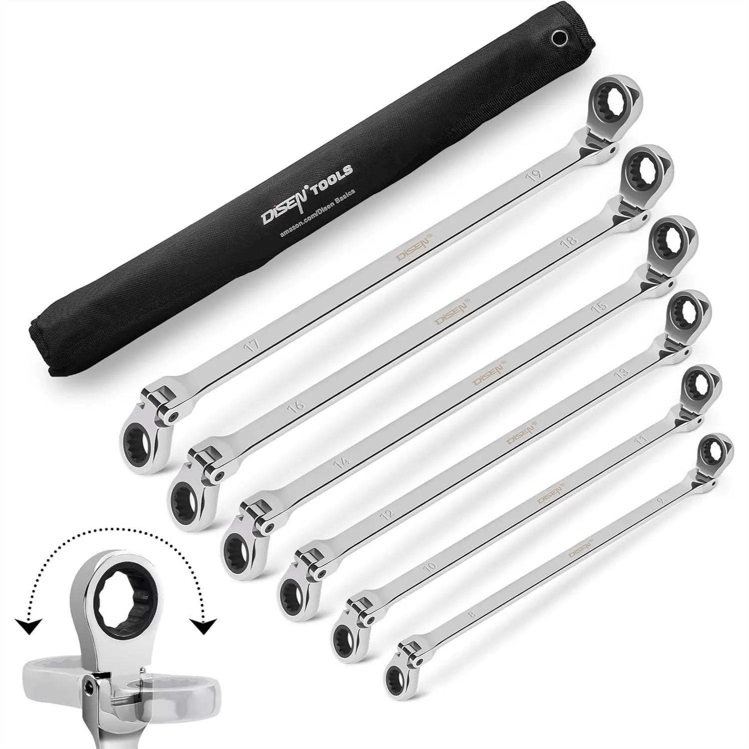 

Extra Long Flex Head Ratcheting Wrench Set, 6Pcs Double Box End Metric 8-19mm, CRV Steel with Pouch
