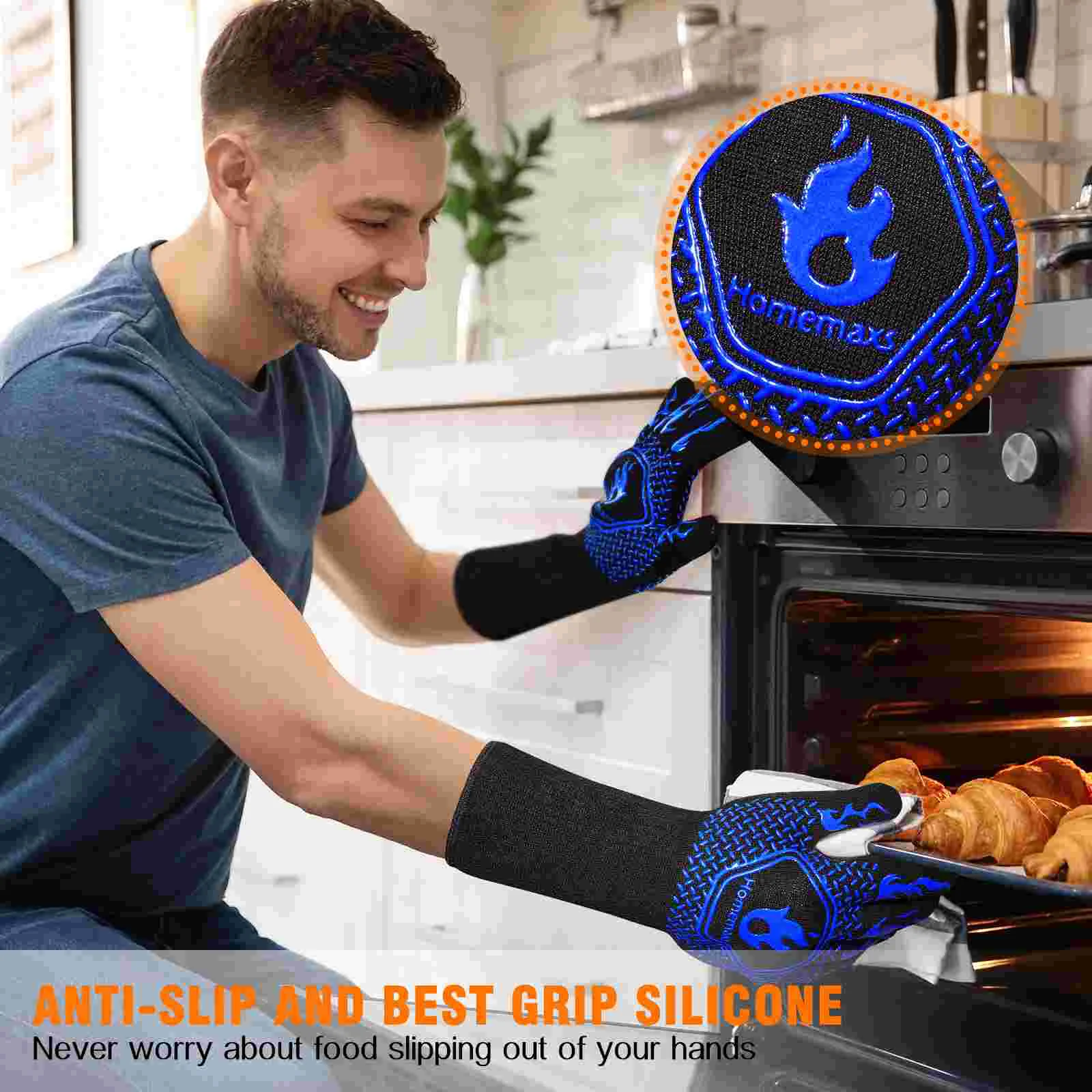 HOMEMAXS Coppia di guanti da forno resistenti al calore inferiori a 800 ℃   Guanti protettivi per barbecue in cotone e silicone (nero, rosso)