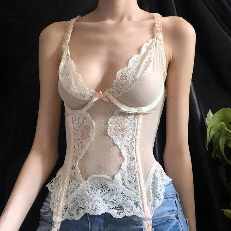 

French Pure Desire Girl Deep V Neck Lace Camisole Slim Fit See-through Sexy Spaghetti Strap Top for Daily Lingerie&Inner Wear