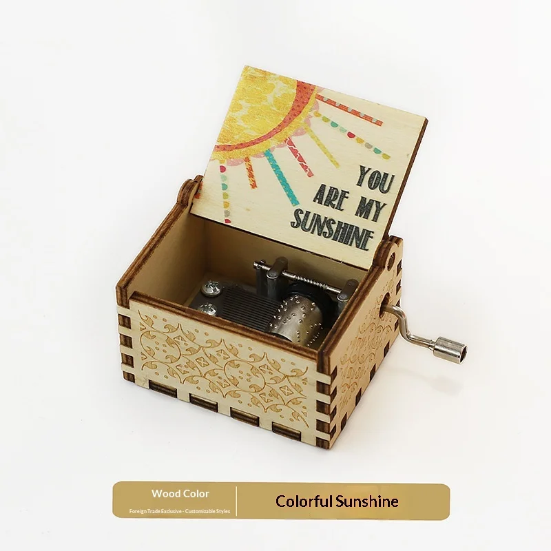 Wooden Hand Crank Music Box Retro Engraved Mechanical Musical Box Alphabet Design Gift for Kids Birthday Christmas