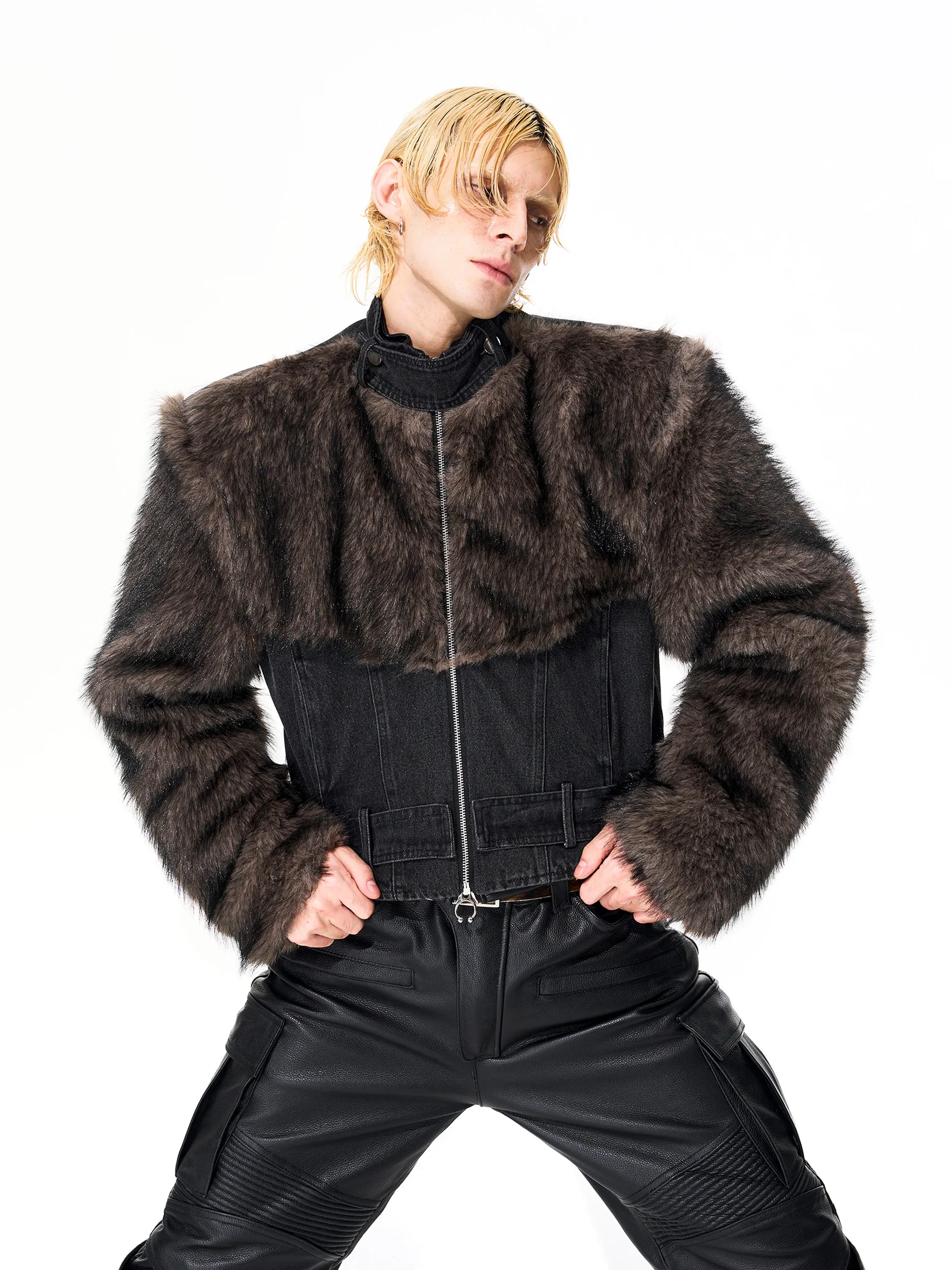 High Street Fur Jackets Men's Winter Distressed Front Shoulder Short Faux Fur Patchwork Streetwear Denim Jacket