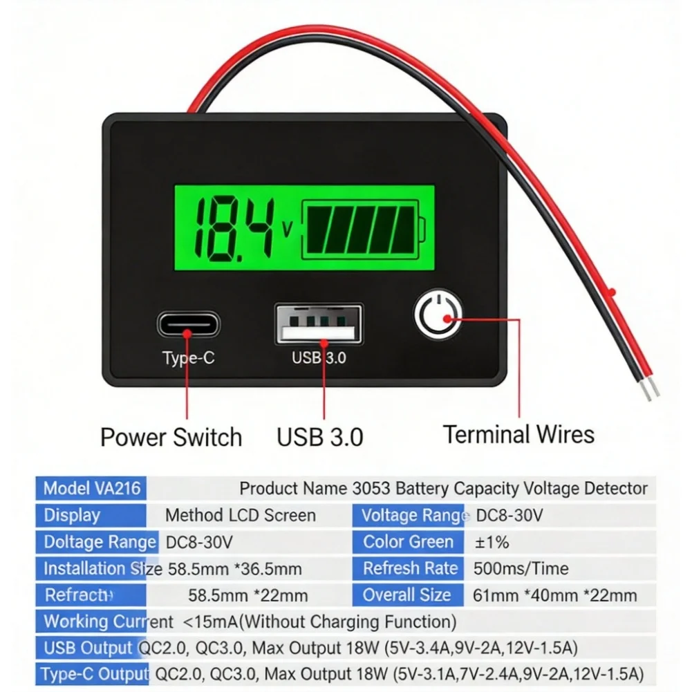 

DC8-30V Battery Capacity Tester Indicator With Green Screen Interface, Widely Compatible With Lead-Acid Batteries