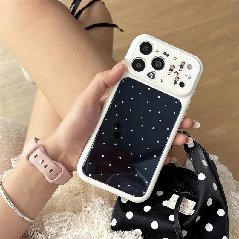 

Kawaii Cartoon Girl Mirror Star Phone Case For iPhone 15 16 17 Pro Max INS Cute Large Window Shockproof Cover