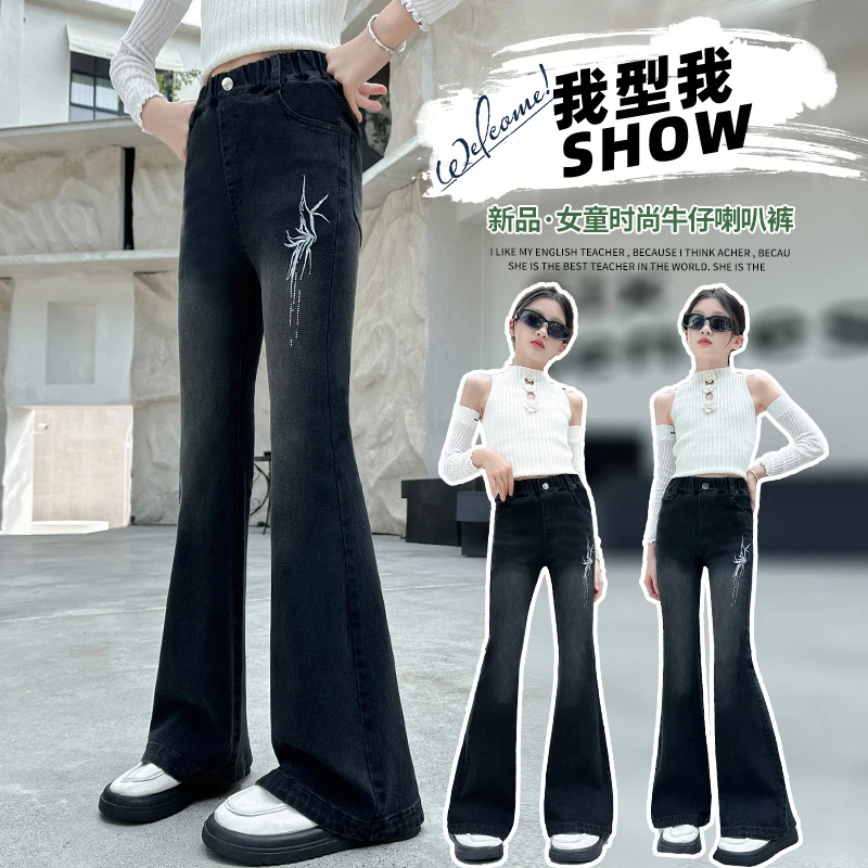 Floral Embroidery Jeans Vintage 2000s Flared Jeans Girls Retro Y2k Baggy Denim Pants High Street Basic Trousers Students 4-14Y