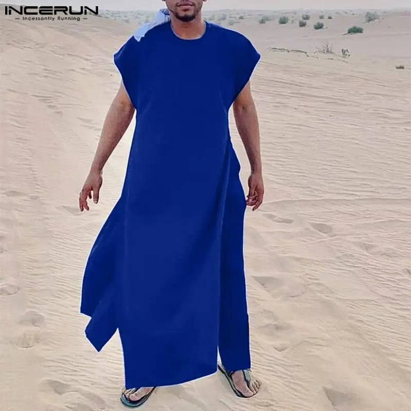 INCERUN Muslim Clothing Men Sets Saudi Arabia 2023 Solid O-neck Sleeveless Kaftan Jubba Thobe & Pants 2PCS Islamic Men\'s Suits