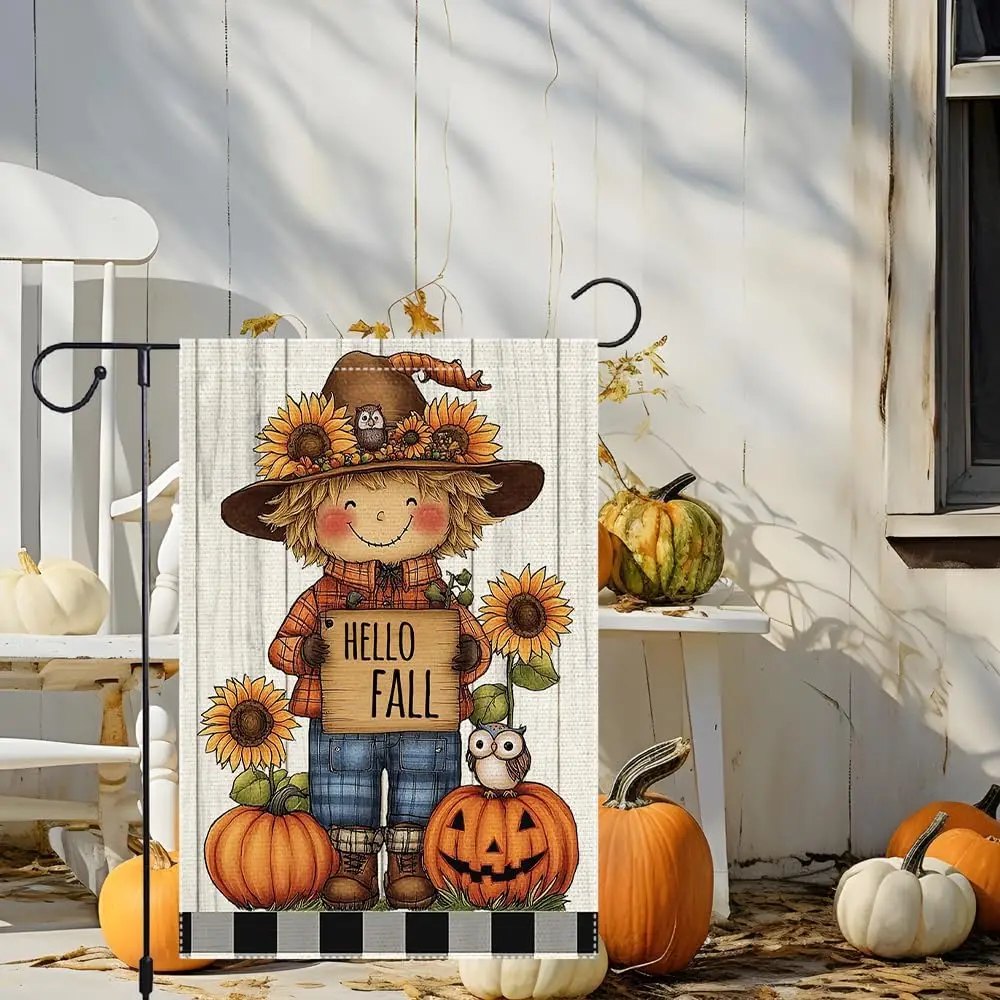 Thanksgiving Garden Flag for Outside Burlap, Fall Pumpkin Garden Flags 12x18 Inch Double Sided Burlap Autumn Outdoor Scarecr xxl