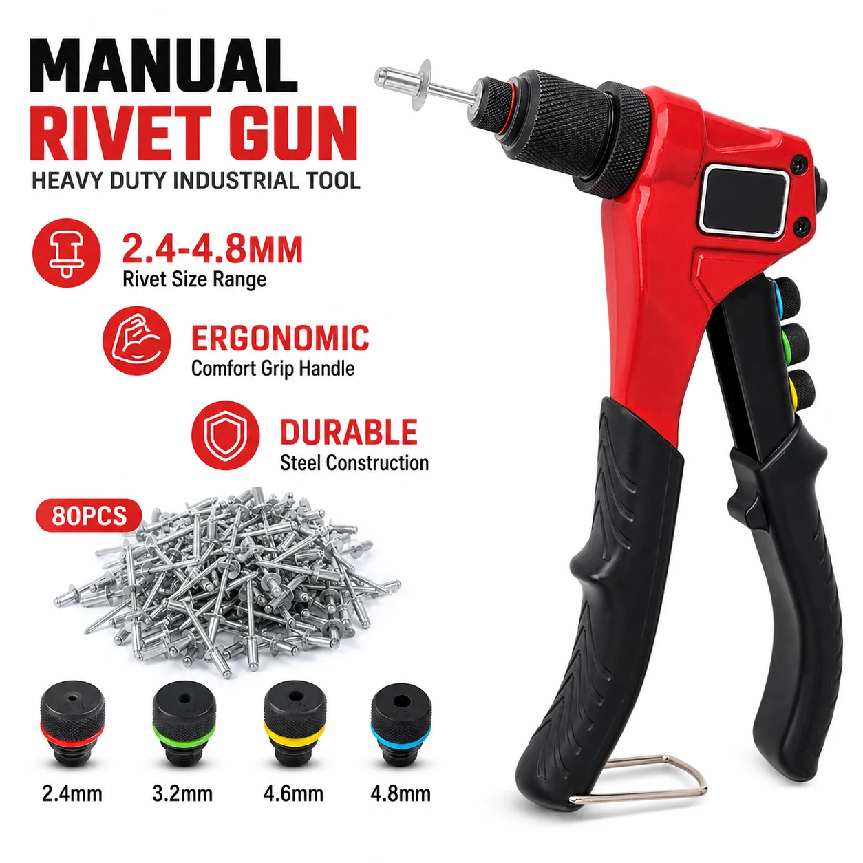 2.4/3.2/4.0/4.8MM Pop Rivet Tool Kit Hand Rivet Nut Tool with 4 Interchangeable Heads & 80pcs Rivets for Automotive and Home DIY Projects