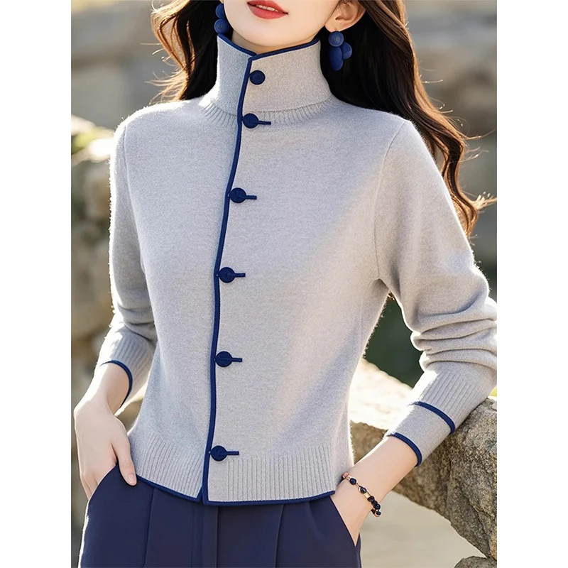 

Office Lady Business Casual Fashion Sweaters Spring Autumn New Chic Turtleneck Single Breasted Knitwear Cardigan JJ199
