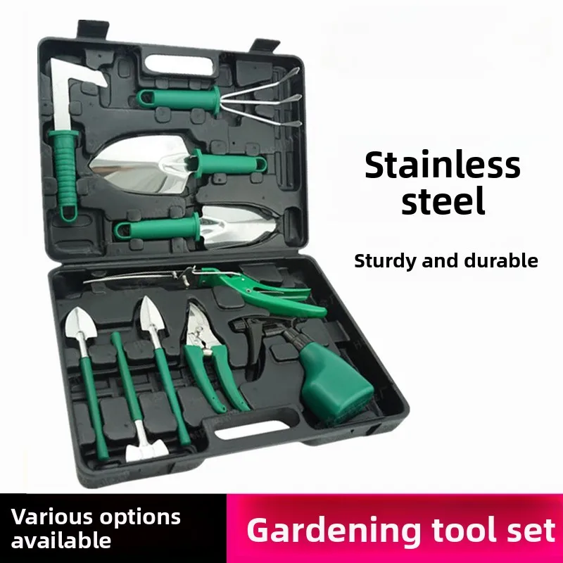 Gardening tool set, gift box, pruning scissors,shovel,rake,shears,watering can,ten-piece set,household flower planting toolbox.