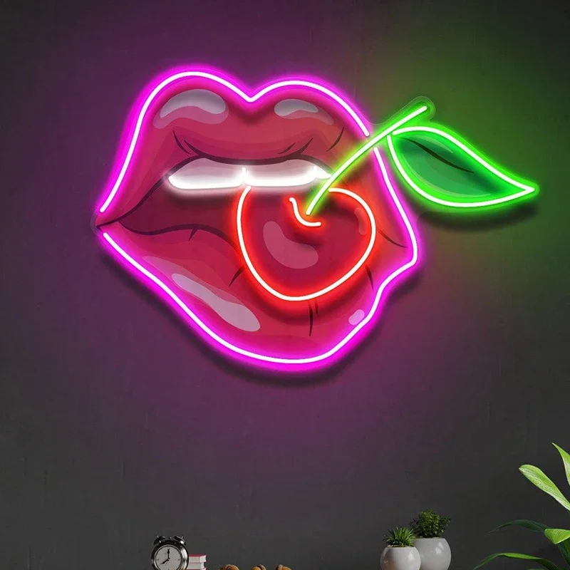 Cherry Mouth Lips Dimmable LED Neon Sign USB Wall Light for Beauty Salon Cocktail Bar Bedroom Bachelorette Party Shop Wall Decor