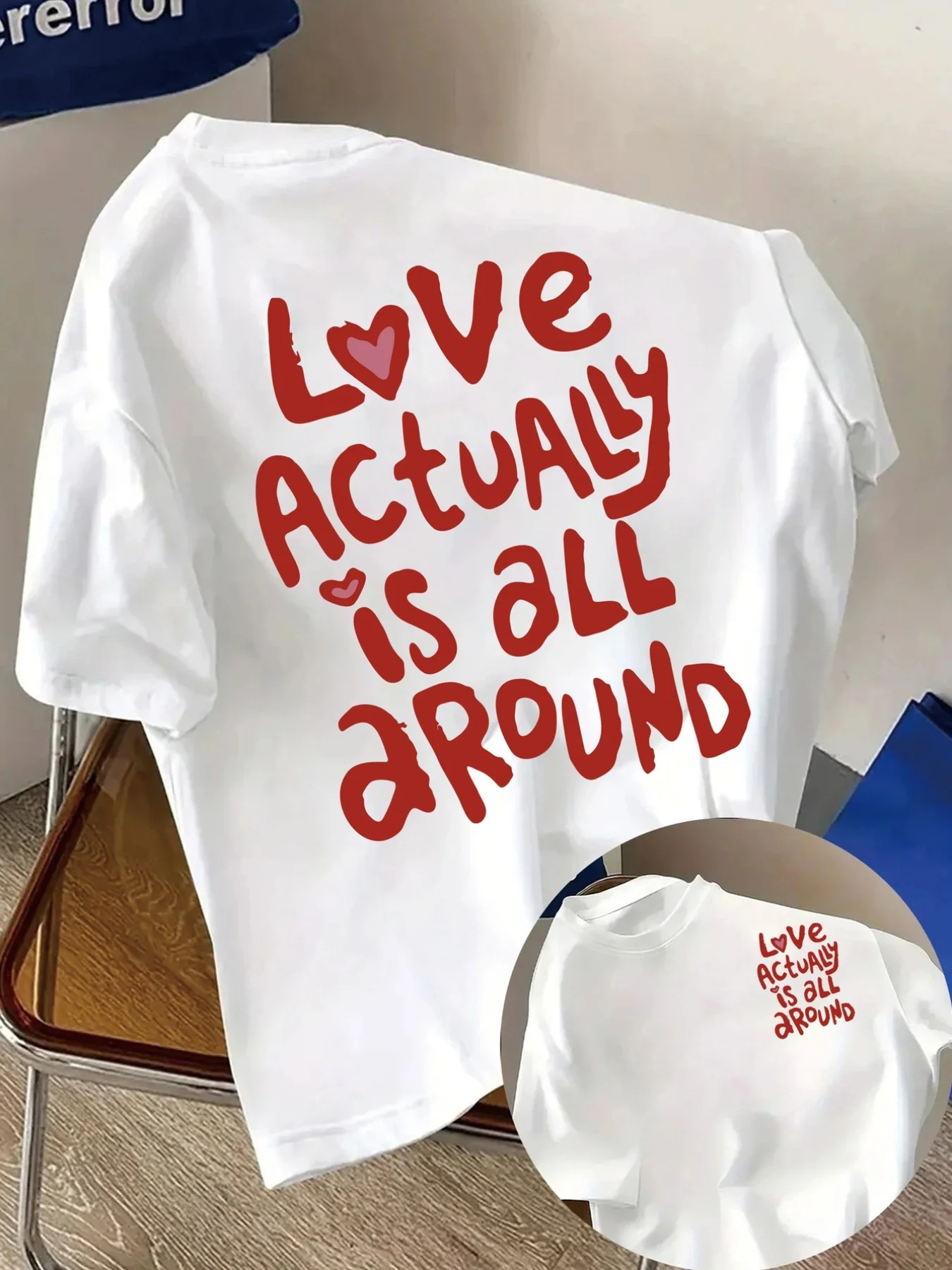 Women's Love Actually Suits Me Fine Love Is All Around Short Blouse Round Neck T-Shirts with Romantic Slogans Aesthetic Clothes