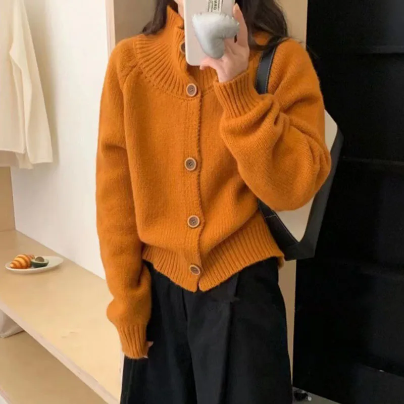 Automne hiver épais chaud col roulé chandails femmes solide Style paresseux lâche tricoté Cardigan femme coréenne décontracté court pull