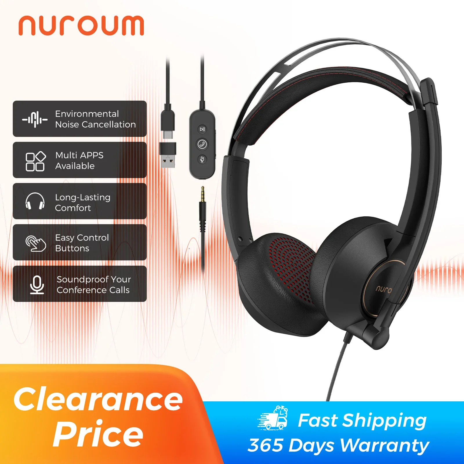 NUROUM Kabelgebundenes Headset, KI-basiertes USB/Typ-C-Headset mit Geräuschunterdrückung und Mikrofon, PC-Kopfhörer für PC-Laptop mit Mikrofon