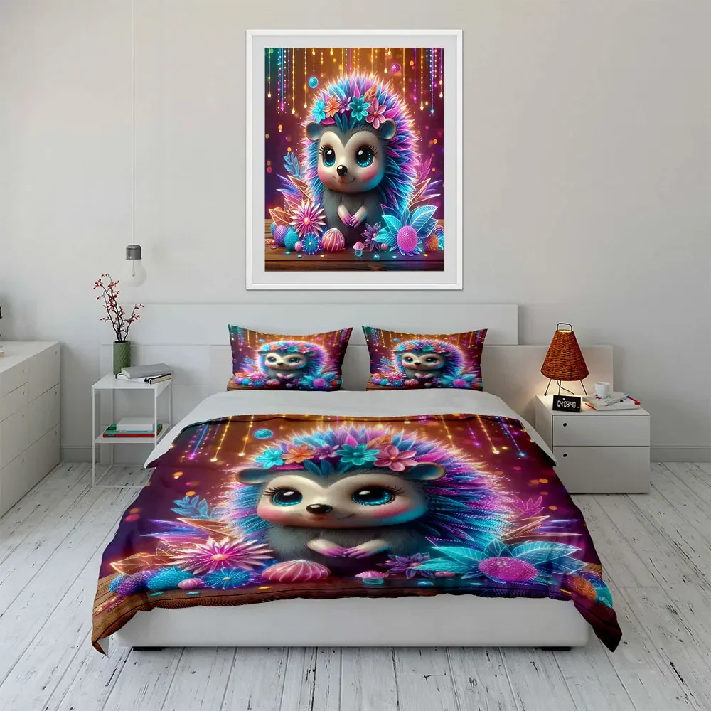 Colorful Hedgehog Ornament Set Multiple sizes kid's and adults' bedroom Exquisite 3PC bedding set, gift
