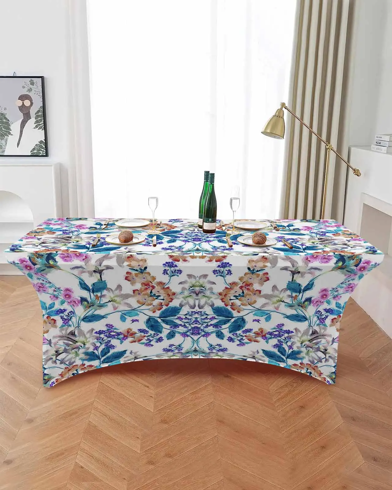 Flowers Foliage Branches Elastic Table Skirt Wedding Birthday Table Decoration Table Skirt Tablecloth for Party