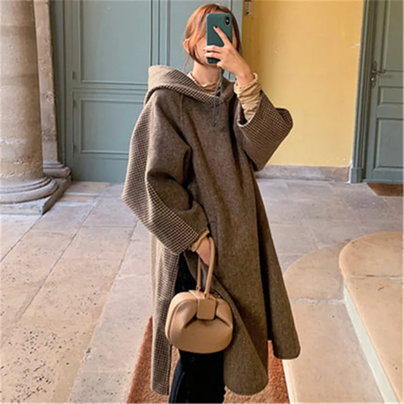 Johnature 2024 New Casual Plaid Long Hoodies Autumn Winter Loose Hooded Collar Slits Pullover Female Sweatshirts