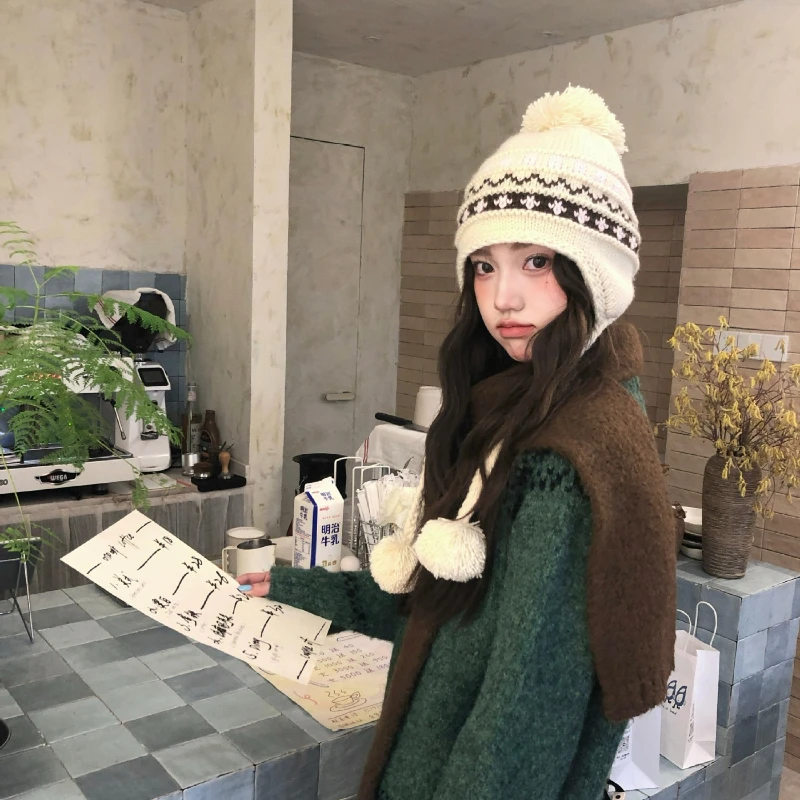 New Fair Island Style Retro Jacquard Knitted Beanies Cap for Women Autumn Winter Warm Versatile Cute Pom-pom Strap Pullover Hat