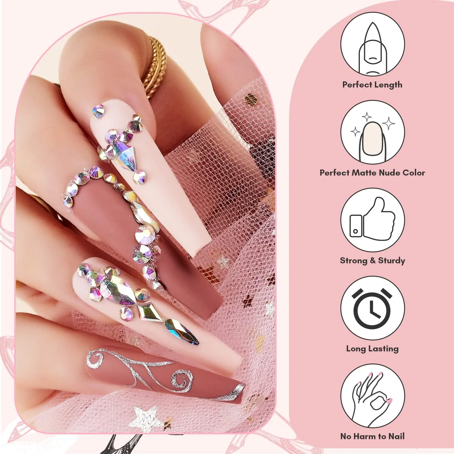Makartt-Kit de uñas postizas francesas, uñas postizas XXL largas con pegamento, puntas acrílicas, Nude y rosa, 12 tamaños, 24 piezas