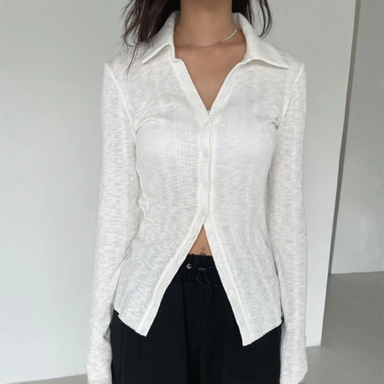 Fashion Sexy Slim Fit Blusas De Mujer Y2k E-Girl V-neck Single Breasted White Blouses 2024 New Long Sleeve Shirts Women