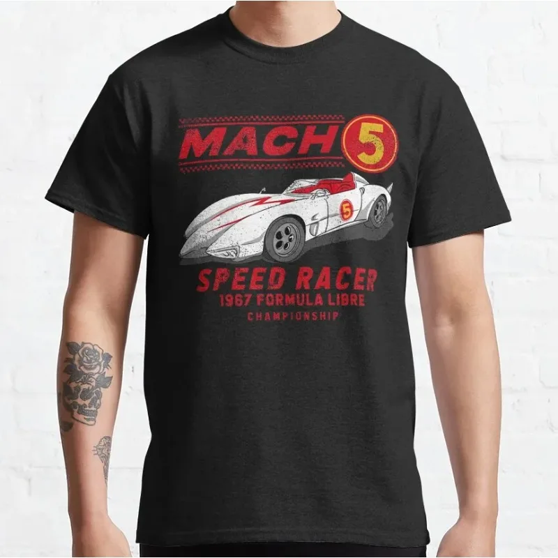 Mach 5 سيارة الأعلى خمر الرجعية المتعثرة سرعة المتسابق أنيمي ماخ الذهاب الذهاب الذهاب الذهاب خمر 1005 القطن المطبوعة تي شيرت حجم كبير Tops1
