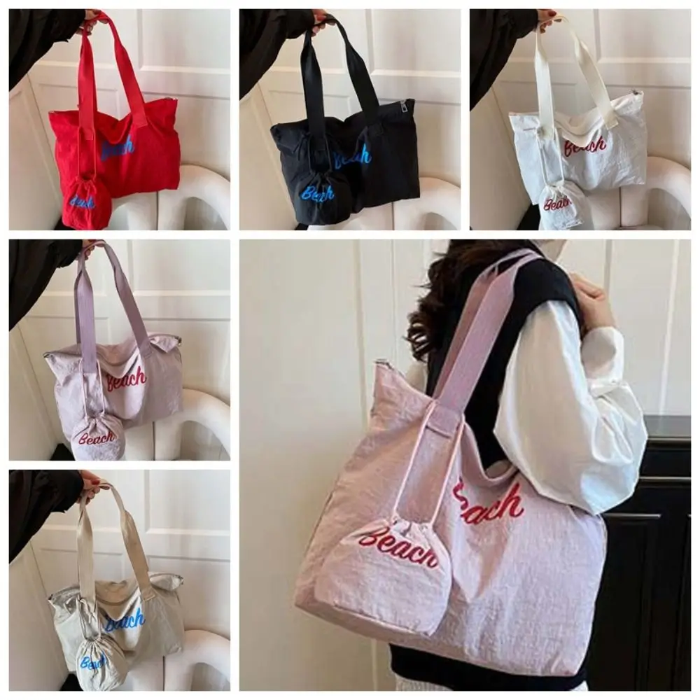 

Leisure Composite Tote Bags Japanese Style Beach Letter Drawstring Shoulder Pouch Pendant Bag Simple Women Cloth Underarm Bag