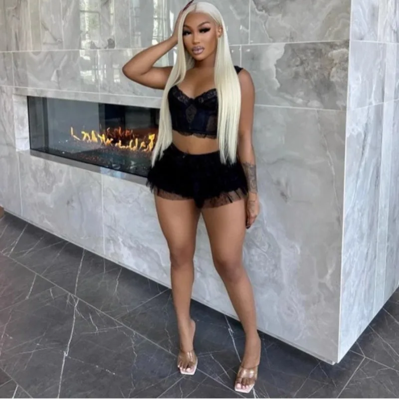 

Women Mesh Lace Ruffles 2 Piece Set Sexy Bows Spaghetti Straps Backless Camis Crop Tops + Mini Cake Skirts Clubwear Party Suits
