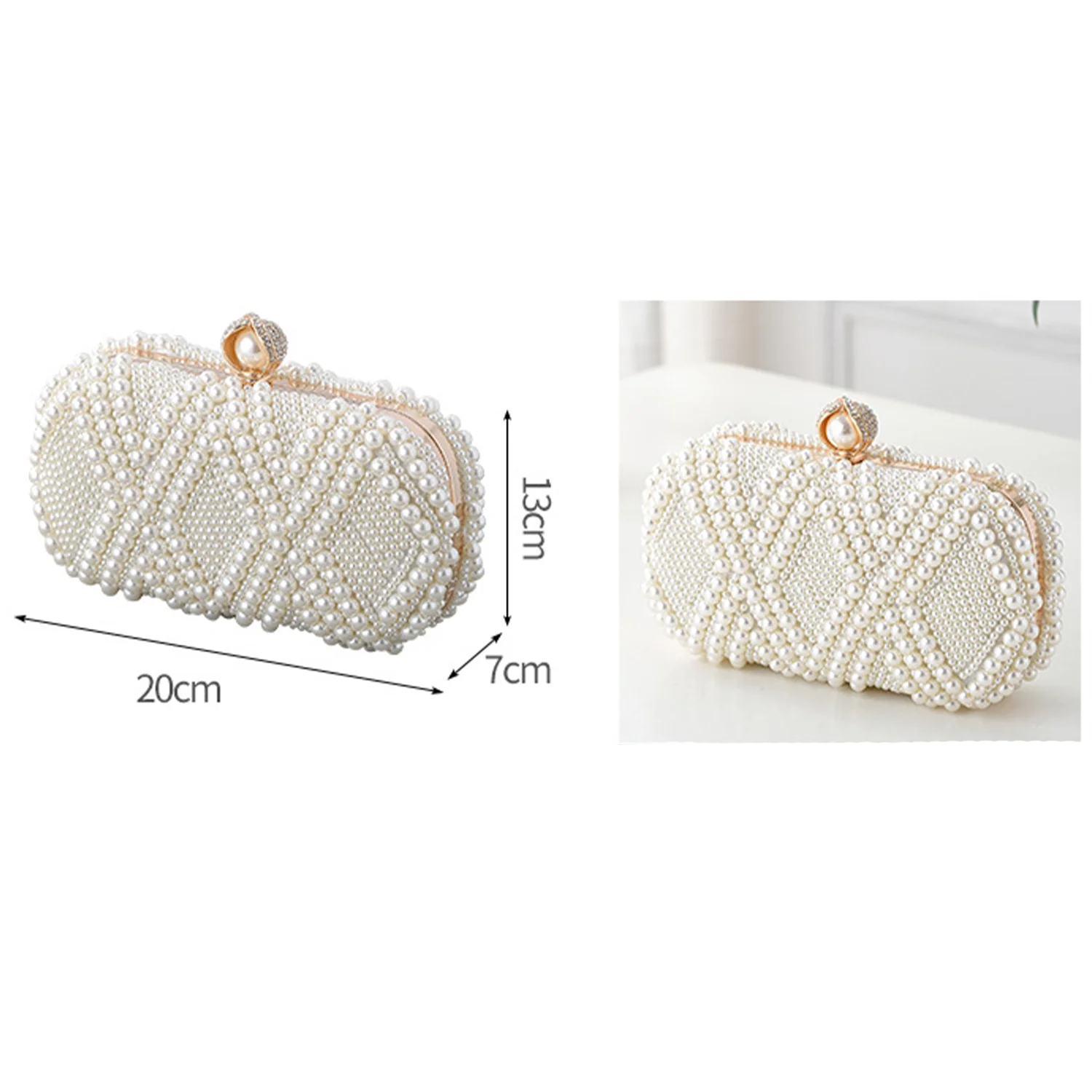 New Sweet Bridal Pearls Crystal Beaded Clutch Bags White Beige With Shoulder Chain Handbags Cross Body Ladies Special Party Bag view 2