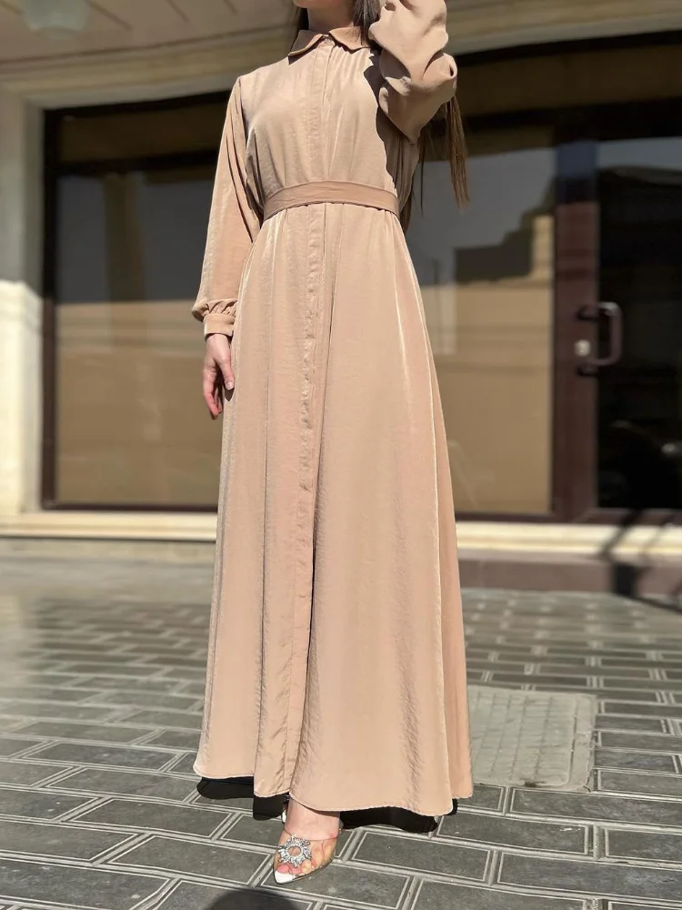 

Autumn Casual Women Dress Shirt Neck Lantern Sleeve Drawstring Single Breasted Waistband Silky Fabric Ankle Female Long Dresses