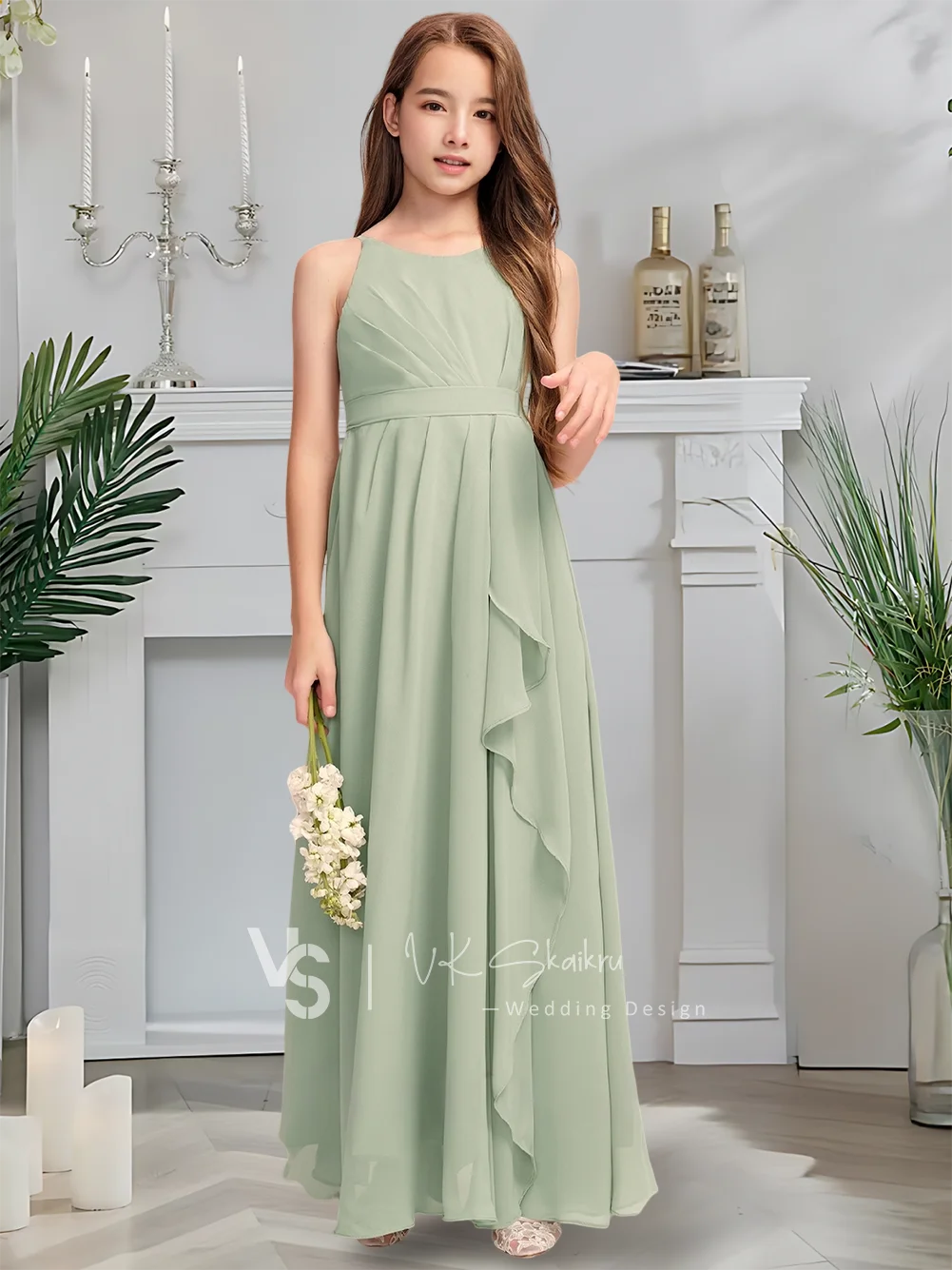 Gaun Pengiring Pengantin Junior A-Line Panjang Lantai Mewah Sifon Leher Sendok dengan Gaun Gadis Bunga Pistachio Ruffles Bertingkat